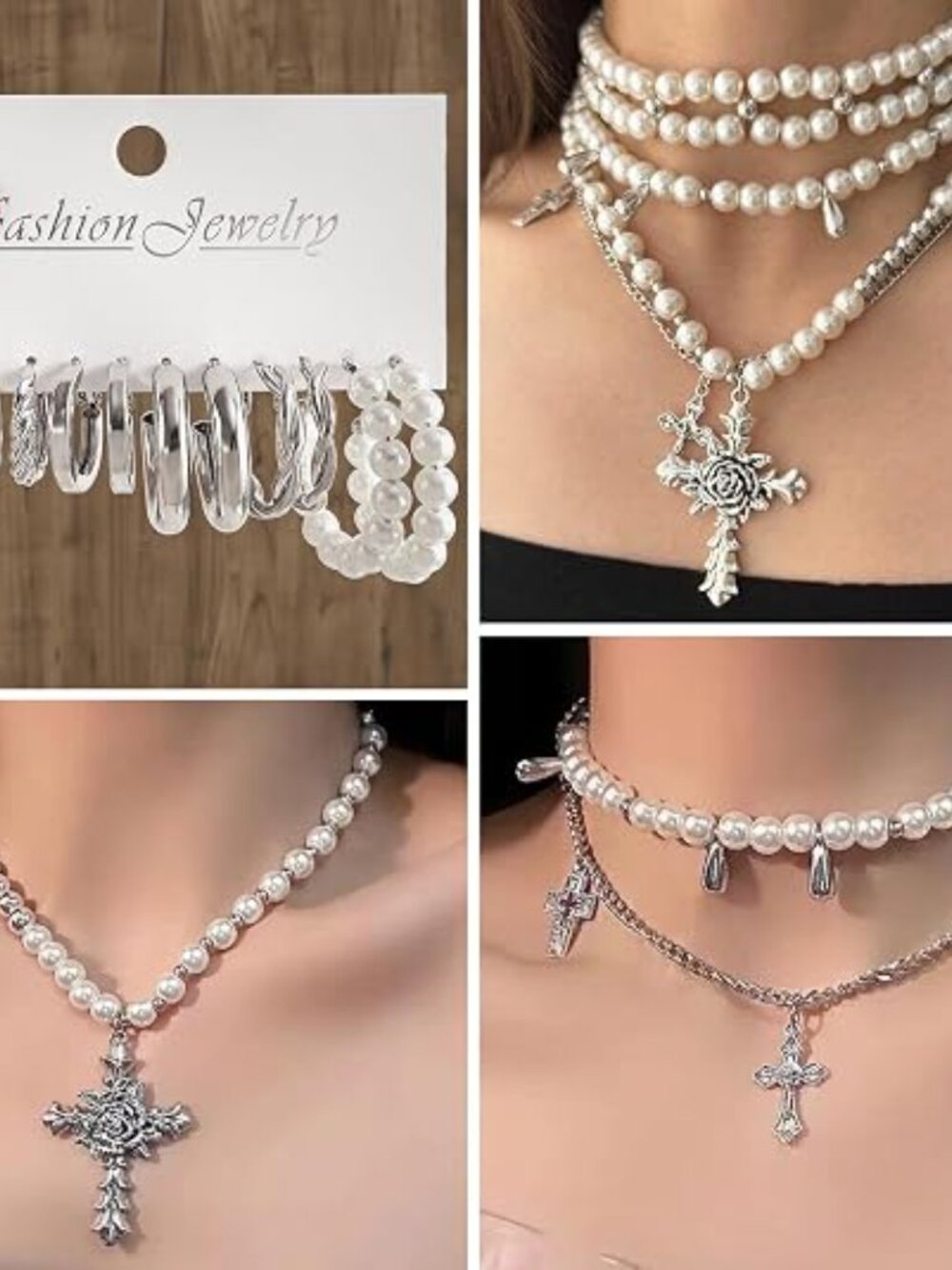 9 Piece Layered Pearl Cross Necklace Choker and Hoop Earrings Jewelry Set - Picture 5 of 7